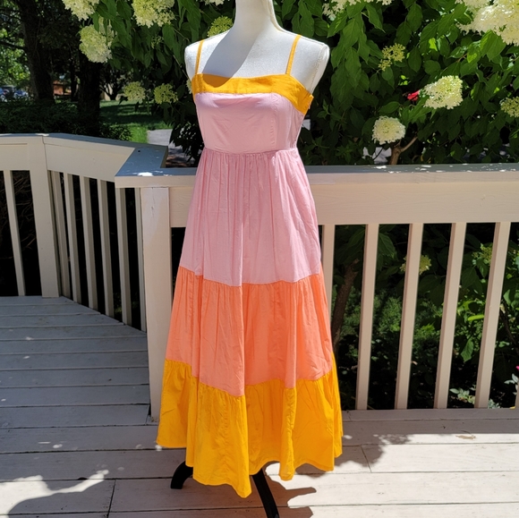 🆕️ J Crew Colorblock Tiered Maxi Dress Orange - Picture 6 of 8